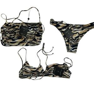 Skatie 3pc Bikini Bundle Small NWT Zebra Marble Print 2 Tops + 1 Bottom Tie Set